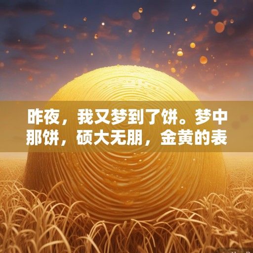 昨夜，我又梦到了饼。梦中那饼，硕大无朋，金黄的表面浮动着油星，如同初秋阳光照耀下的麦浪。我站在饼前，渺小如蚁，却分明嗅到了麦香与油脂混合的熟悉气息—那是童年灶台上飘来的、属于食物最本真的温暖